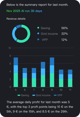 Monthly energy summary report with revenue charts